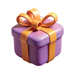A colorful 3D gift box icon with a purple base, orange lid, and a decorative yellow ribbon bow, perfect for celebration themes, festive designs, party invitations, holiday graphics, and app or website