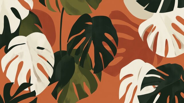 contemporary botanical illustration featuring abstracted monstera leaf shapes, minimalist geometric interpretation of tropical plants, warm terracotta and olive green color palette, playful