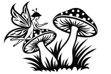 Fairy Silhouette on Mushroom with Butterfly Wings, on White Background