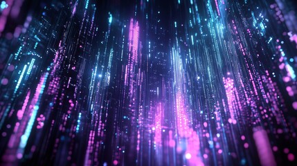 Obraz premium dynamic cyber framework with luminous architectural elements, rising columns of digital information, glowing network nodes suspended in space, deep tech background with subtle purple undertones,