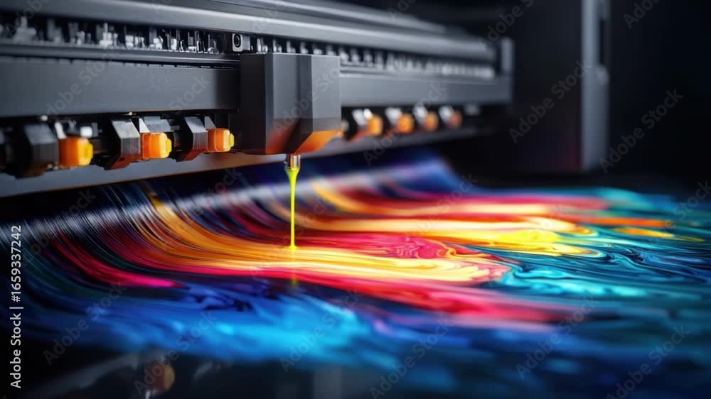 Poster vivid ink flow from high-precision printer onto colorful abstract texture for innovative digital art