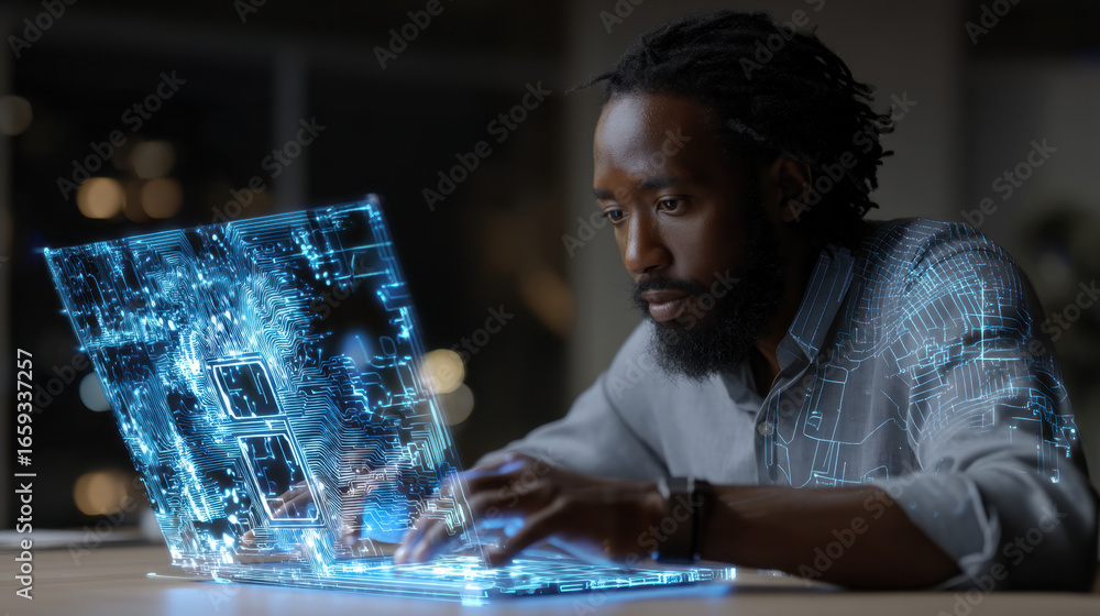 Poster focused individual engages with futuristic laptop, showcasing digital interface with glowing circuit