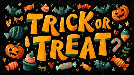 Colorful Halloween decorations feature playful trick or treat letters surrounded by candy and festive pumpkins