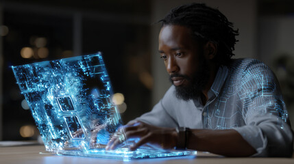 Focused individual engages with futuristic laptop, showcasing digital interface with glowing circuit patterns. scene conveys innovation and technology in modern workspace
