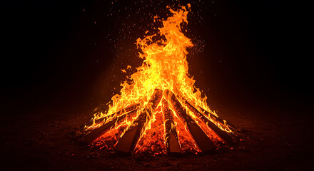 A towering bonfire illuminates the dark night, casting a warm glow and sending sparks dancing into the sky, symbolizing energy and gathering.