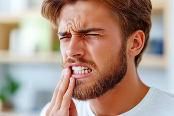 Obraz premium A man with toothache, tooth sensitivity. A young man grimaces in pain while holding his jaw, indicating discomfort likely from a dental issue.
