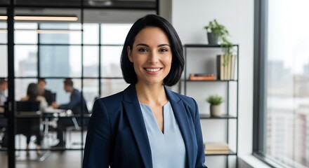 Fototapeta premium Illustration of a smiling businesswoman in a blue suit stands confidently in a modern office setting