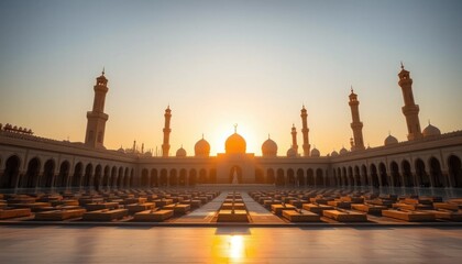 Fototapeta premium Grand Mosque Silhouette: Golden Sunrise Serenity and Prayer