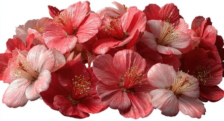 A cluster of pink and red blossoms,  softly lit against a white background