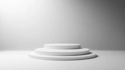 Obraz premium minimalist victory platform featuring three pristine white tiers, ultra-polished surface with perfect reflectivity, empty stages rising in classical arrangement, smooth gradient gray studio backdrop,