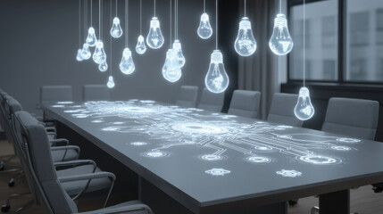 Modern conference room features sleek table illuminated by hanging light bulbs, with digital circuit design projected on its surface, creating innovative and inspiring atmosphere
