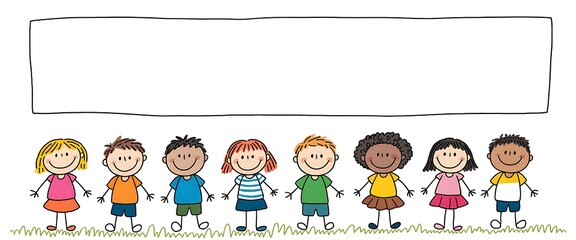 Diverse Group of Cartoon Children Standing Under a Blank Sign Ready for Your Text