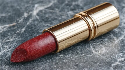 Dark-red lipstick in gold casing rests on mottled grey surface
