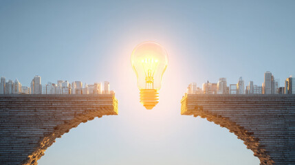 Glowing light bulb symbolizes innovation and creativity, bridging two urban landscapes. This captures essence of ideas connecting different worlds, inspiring progress and collaboration