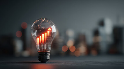 Light bulb with glowing upward graph symbolizes growth and innovation, set against blurred cityscape background. This conveys sense of progress and creativity