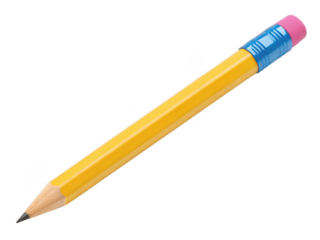 A classic yellow wooden pencil with a pink eraser and blue band isolated on transparent background