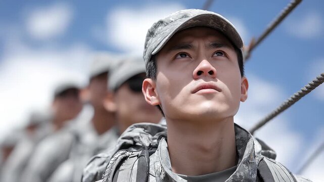 Soldier's Eyes Firmly Gaze at the Distant Sky