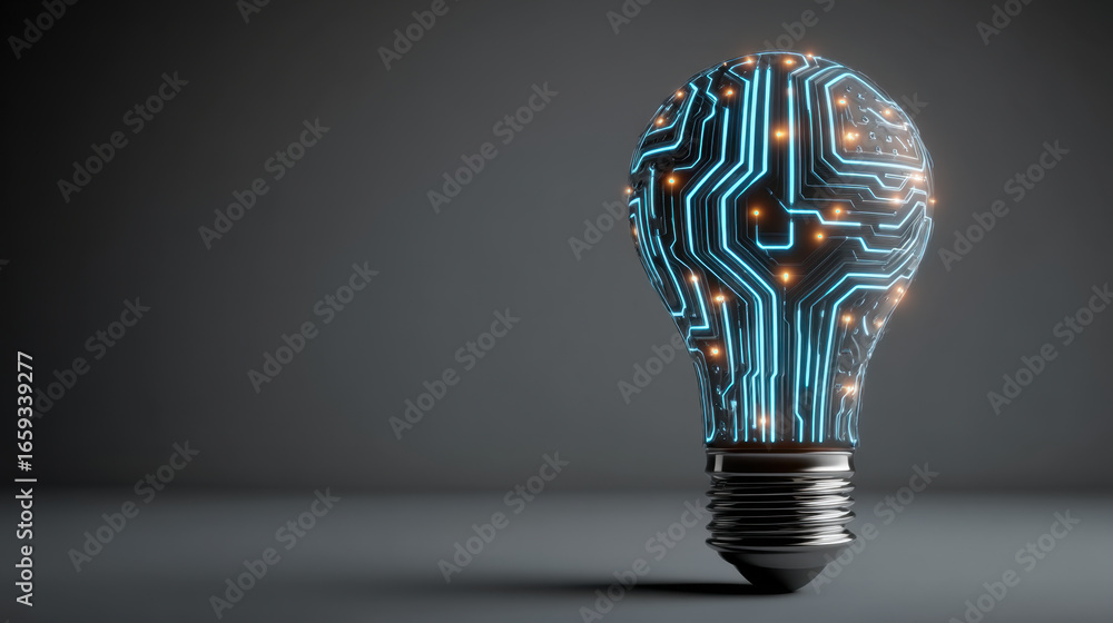 Poster futuristic light bulb design featuring intricate circuit patterns and glowing elements, symbolizing 