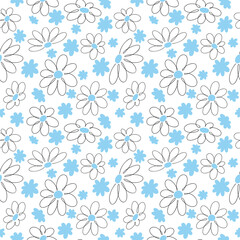 Blue abstract wildflowers on a white background, seamless pattern, vector illustration, flat design. Botanical simple floral decorative element for decoration, fabric, packaging, wrapping paper