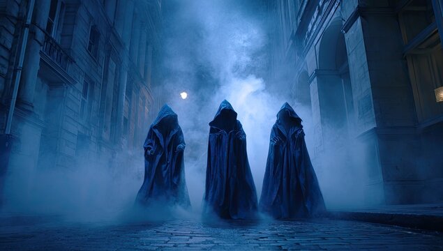 Mysterious figures in blue hooded cloaks walk a foggy city street at night