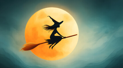A cute 2D cartoon witch flying on a broomstick across a full moon, with a spooky night sky and soft glowing colors.