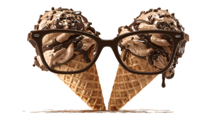 Whimsical Ice Cream Cones with Chocolate Drizzle and Glasses on Transparent Backdrop for Summer Treats