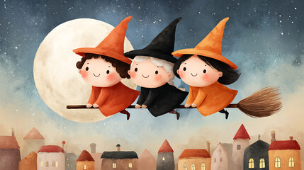 A cute 2D cartoon witch flying on a broomstick across a full moon, with a spooky night sky and soft glowing colors.