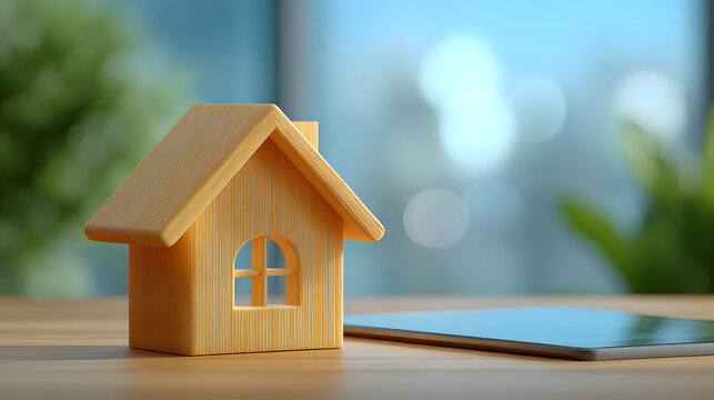 Model house on office desk with tablet data