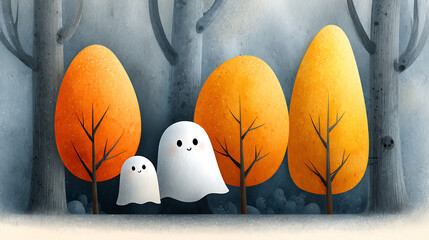 A cute Halloween forest scene with tiny ghosts among trees, ideal for magical and kid-friendly commercial designs.