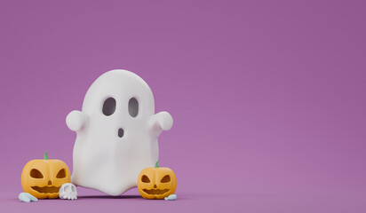 cute ghost with pumpkins jack o lantern halloween concept. 3d illustration.