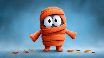 A friendly mummy in a colorful autumn setting with falling leaves, great for article illustrations and soft ad content.