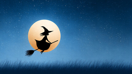 A cute 2D cartoon witch flying on a broomstick across a full moon, with a spooky night sky and soft glowing colors.