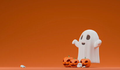 cute ghost with pumpkins jack o lantern halloween concept. 3d illustration.
