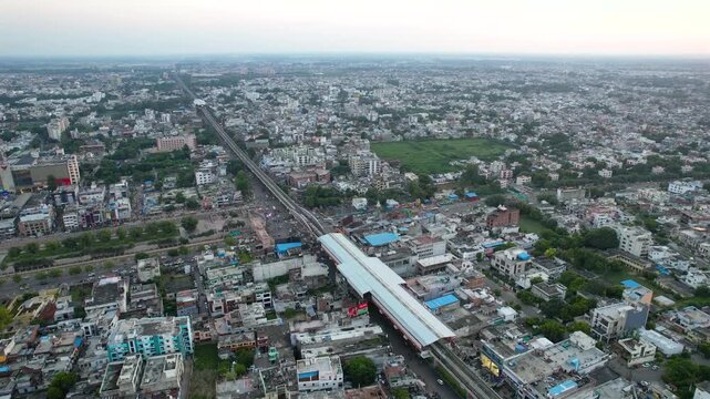 Aerial shot of a densely populated city with cars moving in streets in lucknow a city in inda