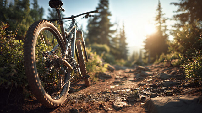 Bike Shop, mountain bike on dirt trail, sunlight