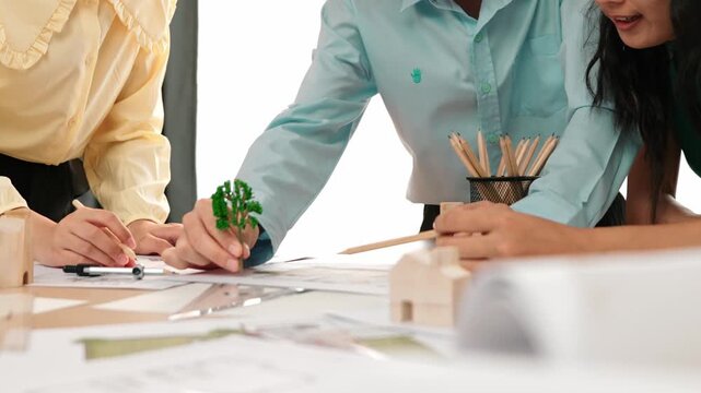 Architect and safety engineer discuss about position of tree use blueprint, model on table with architectural document, measurement tool and wooden block scatter around at modern office. Delineation.