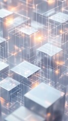 Fototapeta premium Abstract digital network grid with glowing lines and cubes representing technology and data flow