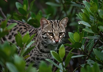 Naklejka premium Jungle cat hidden in dense foliage, alert expression