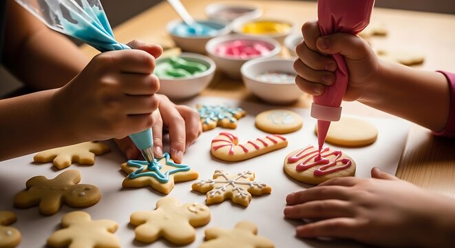 Decorating cookies baking holiday christmas homemade icing sugar festive treat fun activity family time kids hands 100 christmas day