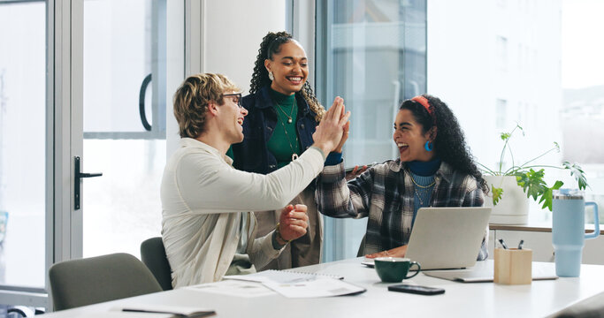 Business, team or people with high five celebration for marketing goals, startup growth or success. Office, documents and group victory with tech for campaign performance, pitch approval and support