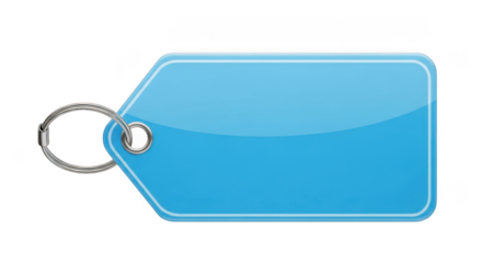 Shiny blue rectangular tag with keychain ring isolated on transparent background