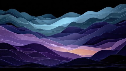 Abstract landscape of layered, undulating hills in shades of blue, purple, and orange against a black background