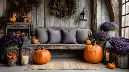 Festive Halloween decorations create a cozy autumn atmosphere in an inviting rustic space with pumpkins and warm lighting