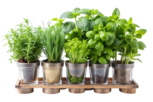 Fresh herb garden kit isolated on transparent background