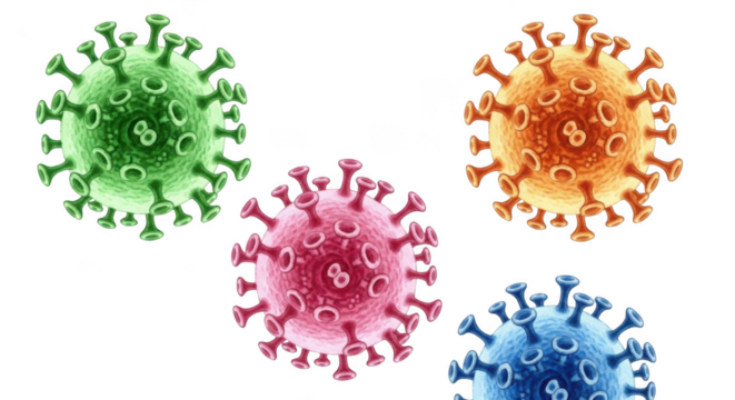 Four colorful virus particles with spikes isolated on transparent background
