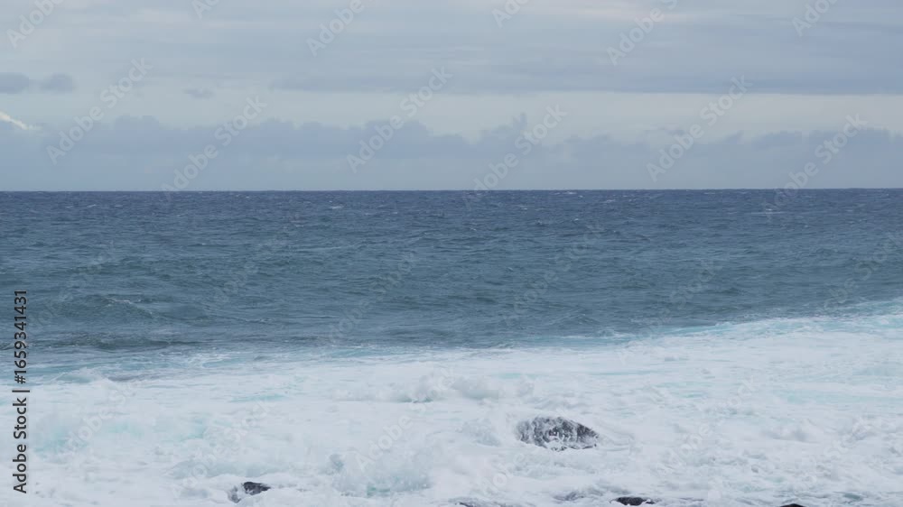 Poster wide view of ocean waves rolling across the surface, creating white foam as they approach the shorel
