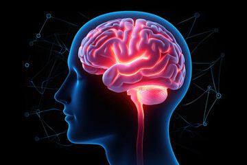 Human brain anatomy with glowing neural activity in profile