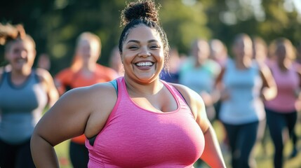 A cheerful woman participates in an outdoor workout session, showcasing joy and empowerment among a group of diverse individuals. Perfect for health and fitness themes.