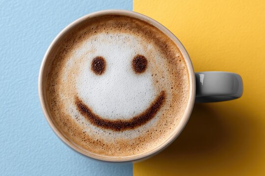 A cheerful cup of coffee with a smiley face made from latte art, set against a vibrant blue and yellow background. Perfect for creating a warm and inviting atmosphere.
