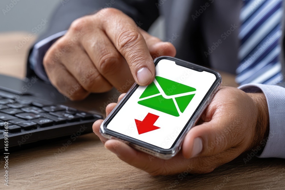 Poster a close-up view of a businessman using a smartphone, tapping on an email icon while sitting at a des